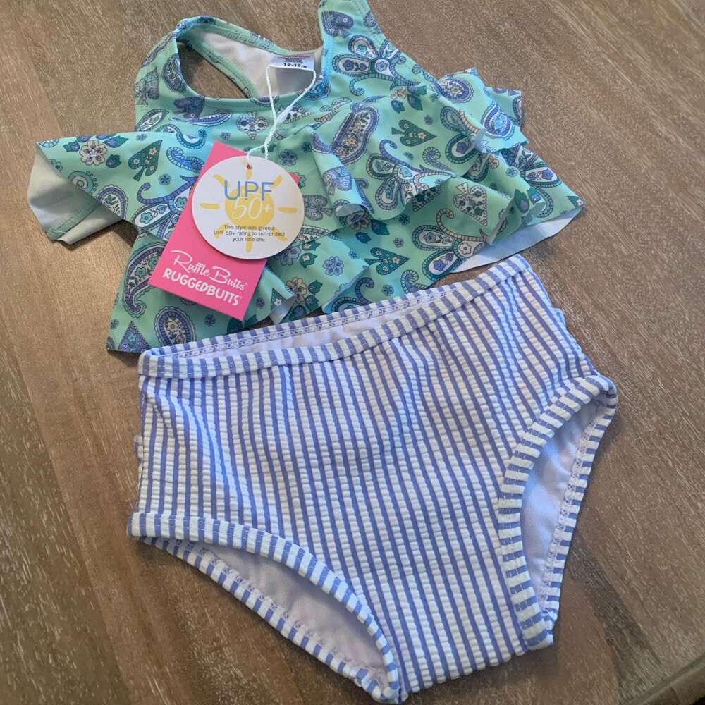 Baby Girl Swim size 12-18 mths Ruffle Butts Flounce Bikini Sea Glass Paisley